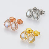 Teardrop S925 Sterling Silver Natural Moonstone CZ Micro Pave Stud Earrings, Healing Crystal Post Earring Jewelry SS247EG
