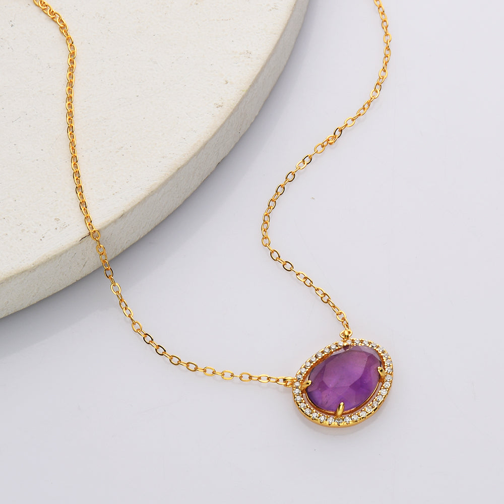 15" S925 Sterling Silver Gold Plated Prong CZ Gemstone Necklace, Micro Pave, Faceted Amethyst Aquamarine Rose Quartz Moonstone Necklace Jewelry SS228