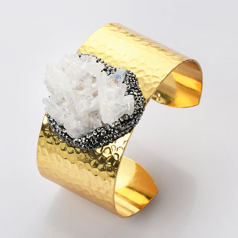 Gold Plated Angel Aura Quartz Cluster Point Rhinestone Bangle Bracelet, AB White Crystal Cuff, Boho Jewelry G2095