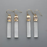 Gold Plated Rectangle Natural Selenite Crystal Earrings, Pave Raw Gemstone Chips, Healing Jewelry, Boho Earrings G2091