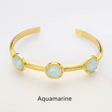 Gold Plated Brass 3-Round-Gemstone Faceted Bangle, Healing Crystal Quartz Cuff Bracelet  ZG0493