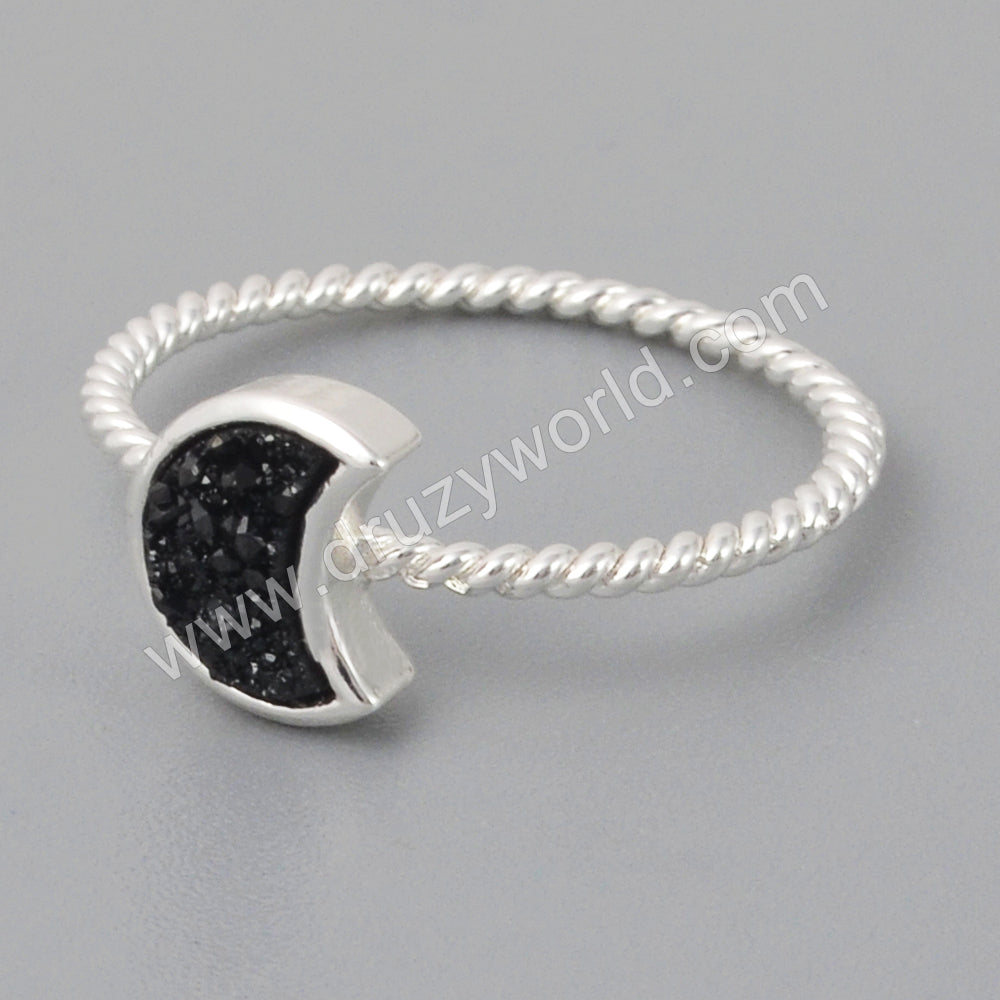 Silver Plated Crescent Moon Natural Titanium Druzy Bezel Ring ZS0295