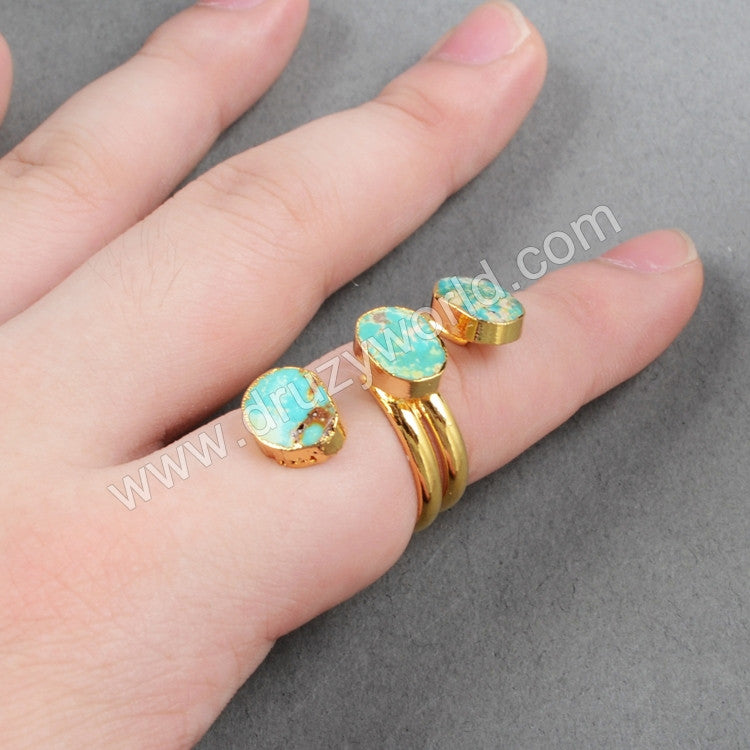 Adjustable Gold Plated Three Natural Real Turquoise Ring Jewelry G0280