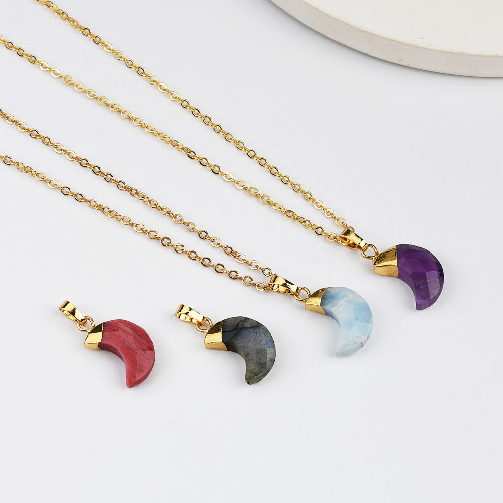 18" Gold Plated Crescent Moon Multi Gemstone Faceted Pendant Necklace G2075-N