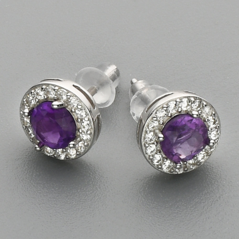 S925 Sterling Silver Round Gemstone Crystal CZ Micro Pave Stud Earrings, Dainty Jewelry SS216ES