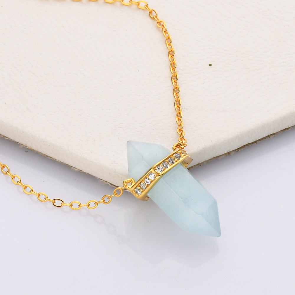 15" S925 Sterling Silver Gold Plated Rainbow Gemstone Hexagon Point CZ Micro Pave Necklace, Amethyst Aquamarine Moonstone Dainty Jewelry SS225