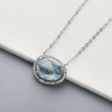 15" S925 Sterling Silver Prong Faceted Aquamarine Moonstone Crystal Necklace, CZ Micro Pave, Gemstone Dainty Jewelry Necklace SS228NS