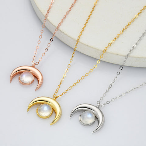 Crescent Moon 18" S925 Sterling Silver Round Moonstone Necklace, Healing Crystal Necklace Jewelry SS254NG