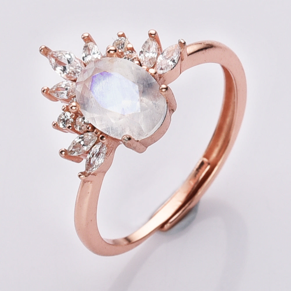 925 Sterling Silver Oval Moonstone CZ Ring, Adjustable Size, Faceted Egg Moonstone Ring, Zircon Crown Ring, Wholesale Jewlery LM021