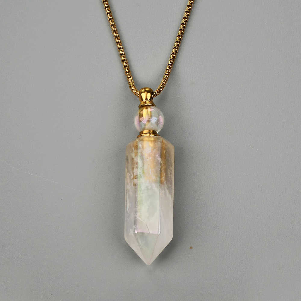 27" Angel Aura Quartz Hexagon Point Perfume Bottle Necklace, Titanium AB Color, Natural White Crystal Stone Bottle Necklaces WX2089