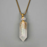 27" Angel Aura Quartz Hexagon Point Perfume Bottle Necklace, Titanium AB Color, Natural White Crystal Stone Bottle Necklaces WX2089