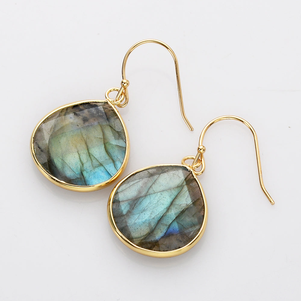 Gold Plated Natural Labradorite Faceted Dangle Earrings, Moonstone Teardrop Earrings G2096