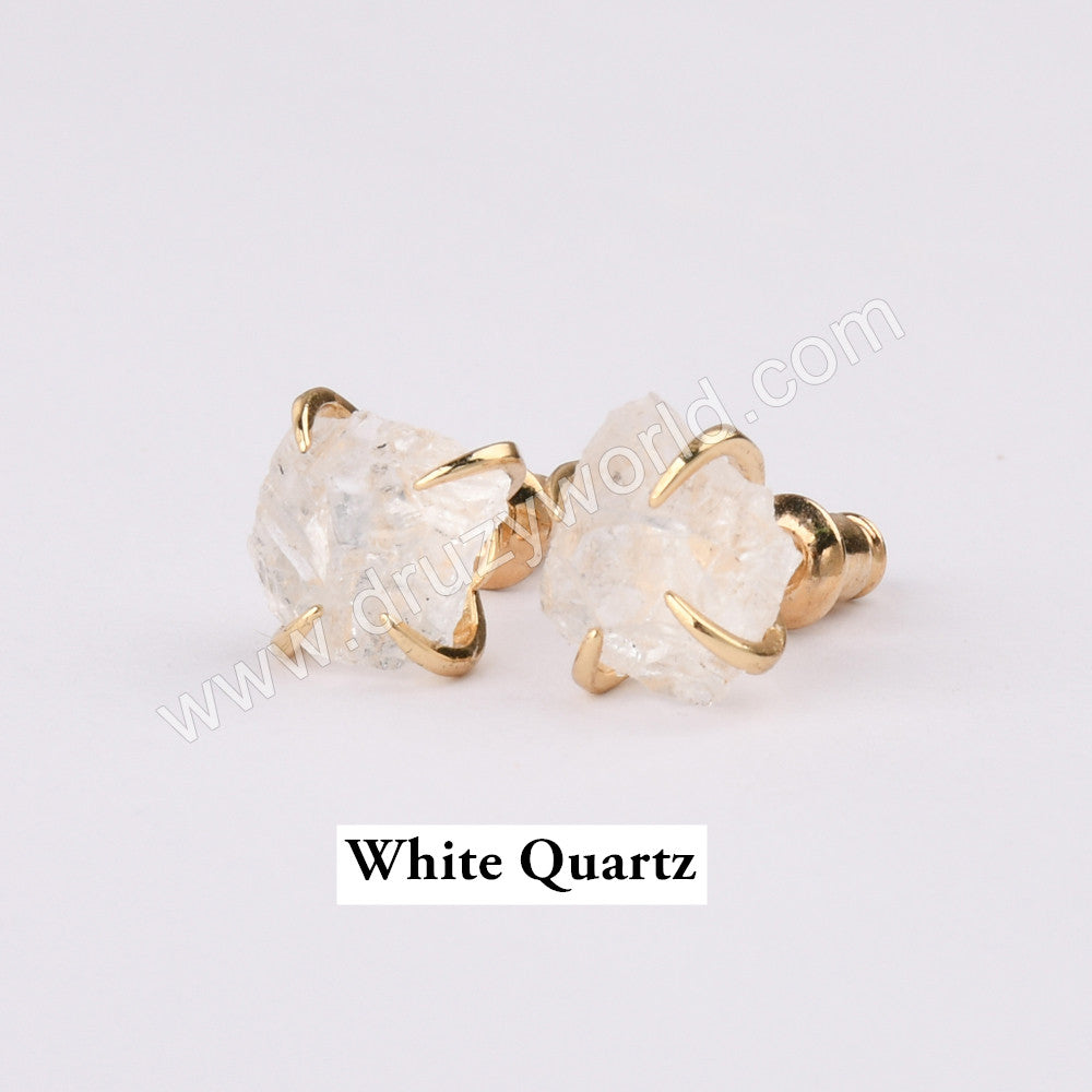 Gold Claw Raw Gemstone Stud Earrings, Prong Set Crystsal Earring, Healing Stone Jewelry ZG0446