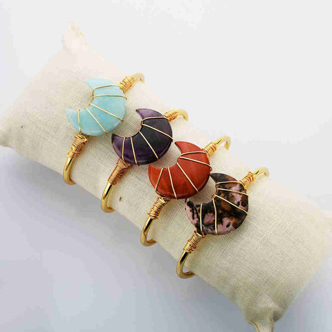 Gold Plated Brass Rainbow Gemstone Crescent Moon Wire Wrap Bangle Bracelet Handmade Boho Jewelry WX2074