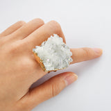 Gold Plated Angel Aura Quartz Titanium AB White Cluster Crystal Point Ring, Boho Jewelry G2094