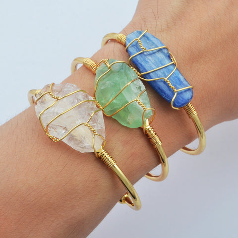 Natural Gemstone Rose Quartz Amethyst Wire Wrap Gold Bangle Cuff WX1795