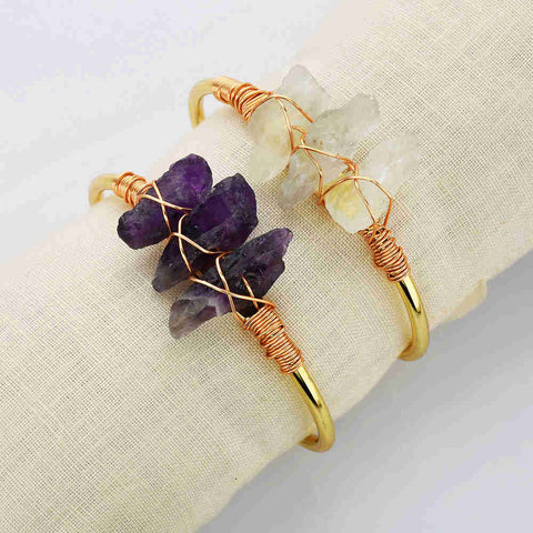 Gold Plated Brass Wire Wrap Raw Natural Amethyst Bracelet Raw White Quartz Bangle Bracelet Crystal Gmstone Bracelet Jewelry WX2077