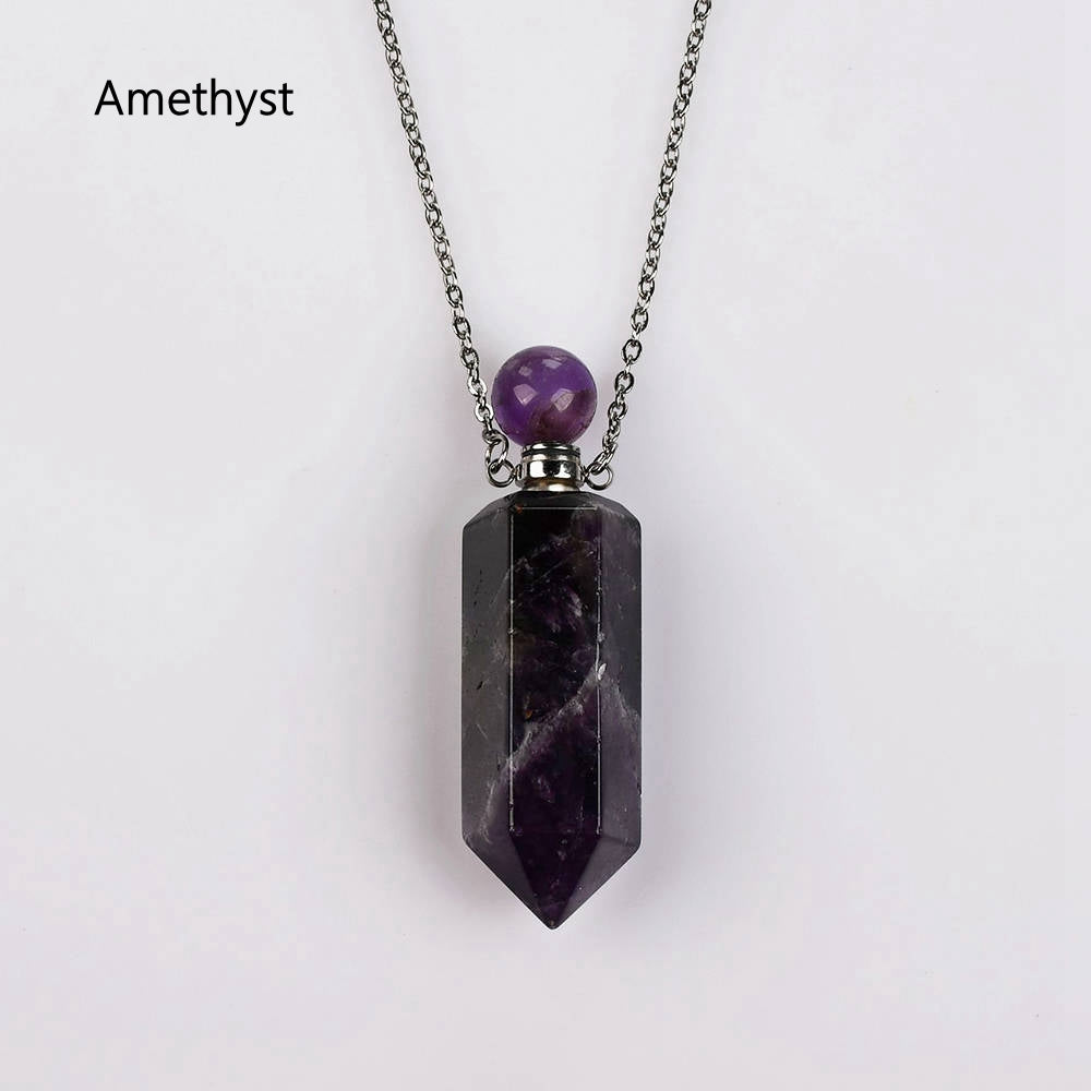 19" Hexagon Point Silver Multi-kind Stone Perfume Bottle Necklace Gemstone bottle necklace WX2091