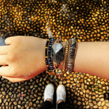 Gold Faceted Labradorite 4mm Natural Stone Beads 5-Layers Leather Wrap Bracelet, Boho Handmade Jewelry HD0082