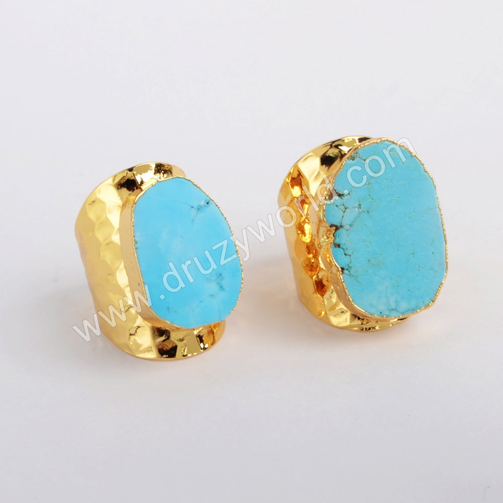 Freeform Blue Howlite Turquoise Gold Band Ring, Boho Jewelry Gemstone Ring G0208