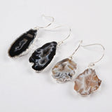 Silver Plated Raw Agate Druzy Geode Slice Dangle Earrings, Gemstone Jewelry S0516