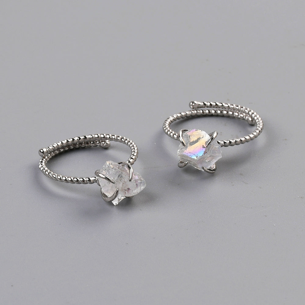 S925 Sterling Silver Claw Rainbow Raw Gemstone Ring, Healing Crystal Stone Ring, Adjustable SS206 AB color Quartz ring