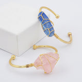 Natural Gemstone Rose Quartz Amethyst Wire Wrap Gold Bangle Cuff WX1795