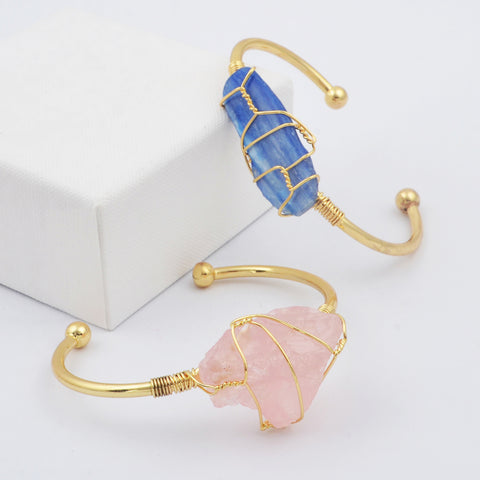 Natural Gemstone Rose Quartz Amethyst Wire Wrap Gold Bangle Cuff WX1795