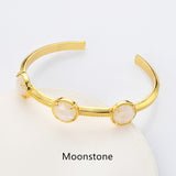 Gold Plated Brass 3-Round-Gemstone Faceted Bangle, Healing Crystal Quartz Cuff Bracelet  ZG0493