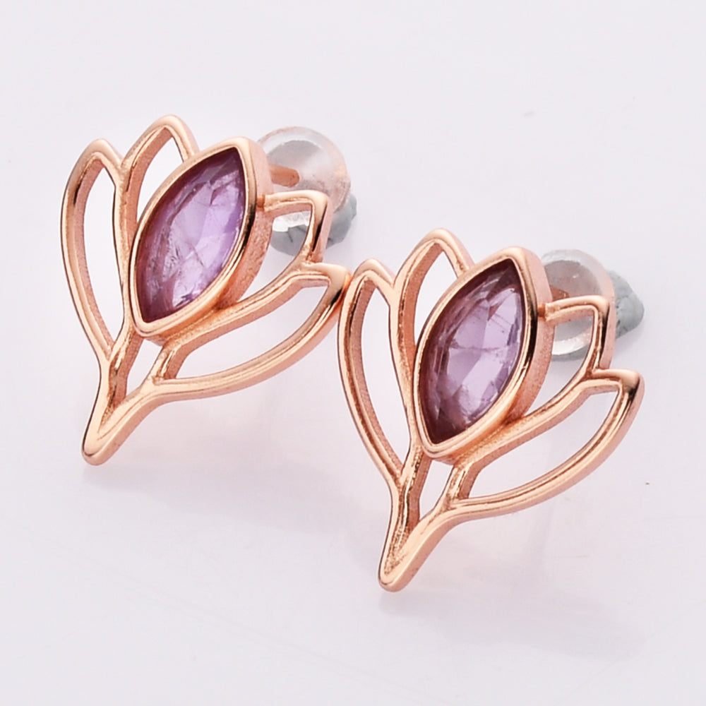 Rose Gold Marquise Moonstone Crystal Lotus Flower Stud Earrings S925 Sterling Silver Studs, Healing Jewelry Earrings SS219RR
