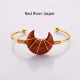 Gold Plated Brass Rainbow Gemstone Crescent Moon Wire Wrap Bangle Bracelet Handmade Boho Jewelry WX2074