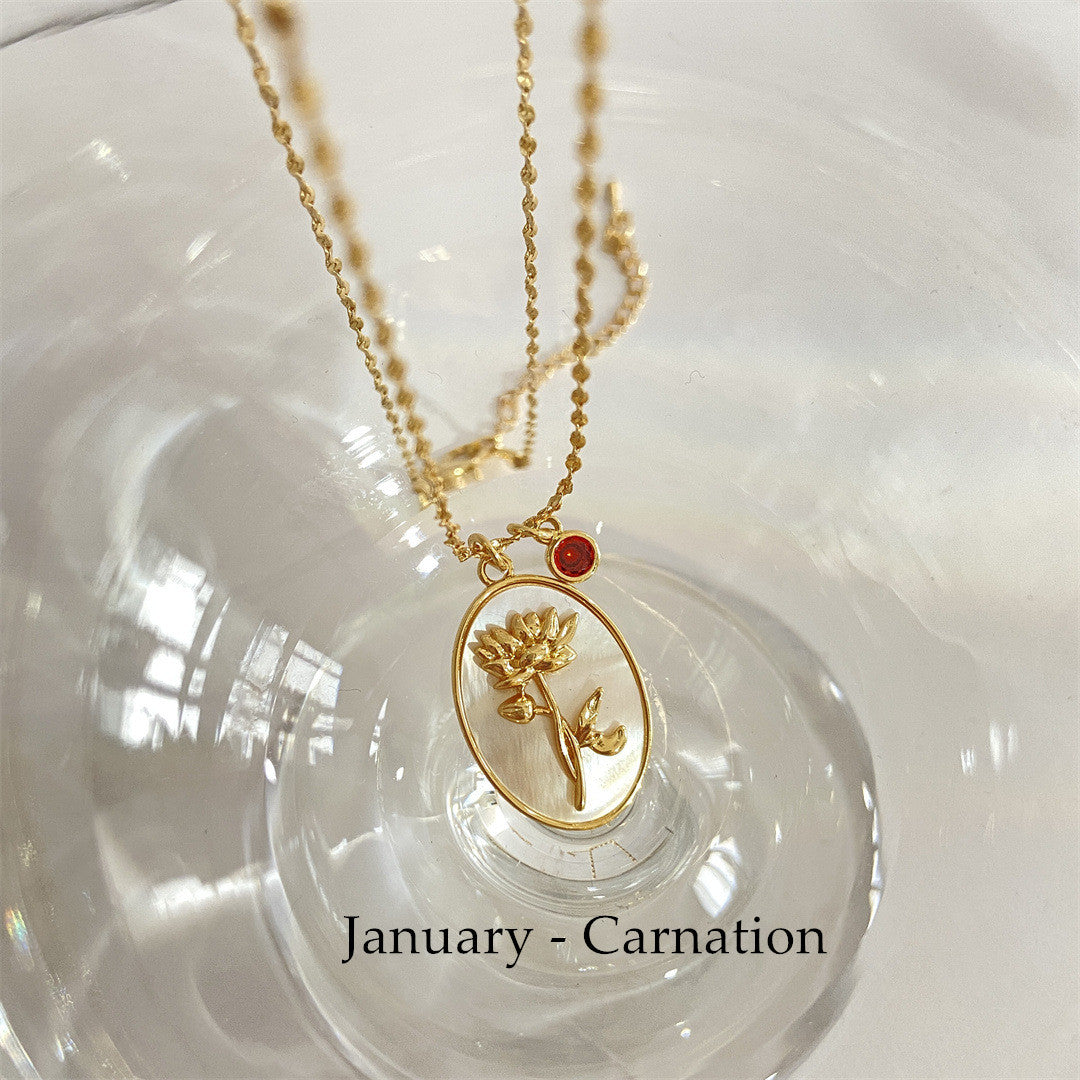 Oval White Shell December Flower Necklace Birthstone Monthstone Necklace AL511 January   Carnation