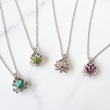 16" Silver Plated Hollow Lotus Natural Raw Crystal Necklace, Birthstone Necklace, Gemstone Necklace Jewelry BT005