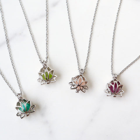 16" Silver Plated Hollow Lotus Natural Raw Crystal Necklace, Birthstone Necklace, Gemstone Necklace Jewelry BT005