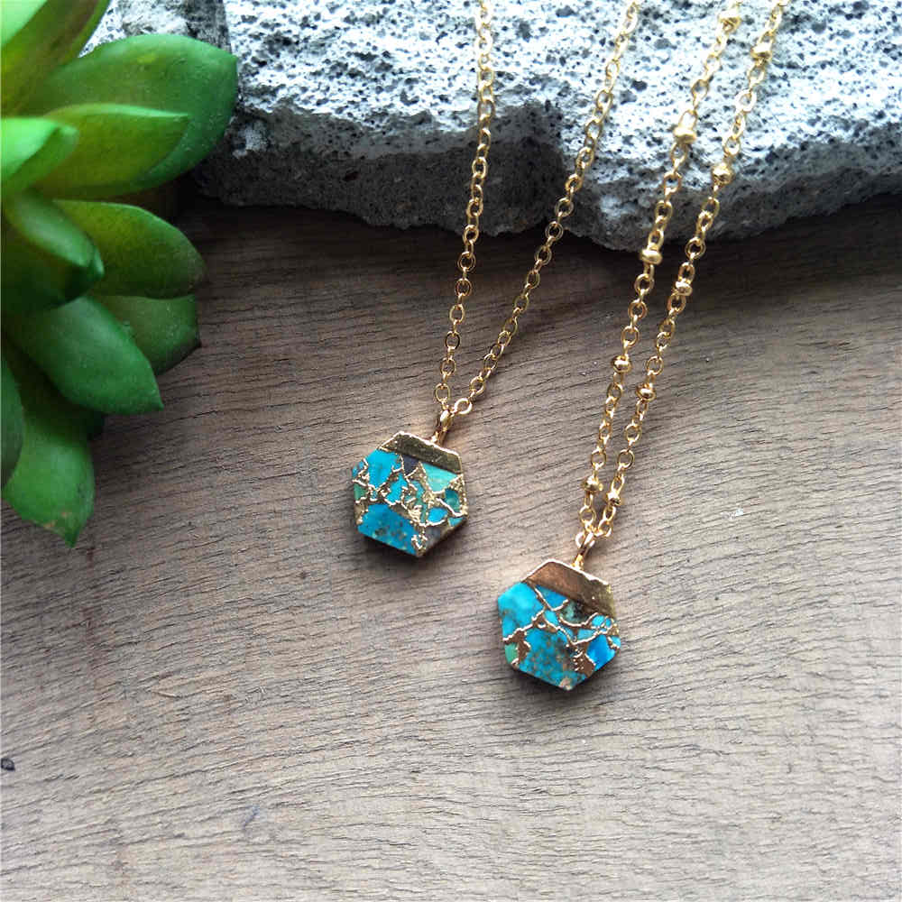 Hexagon Gold Turquoise Charm Necklace ED001