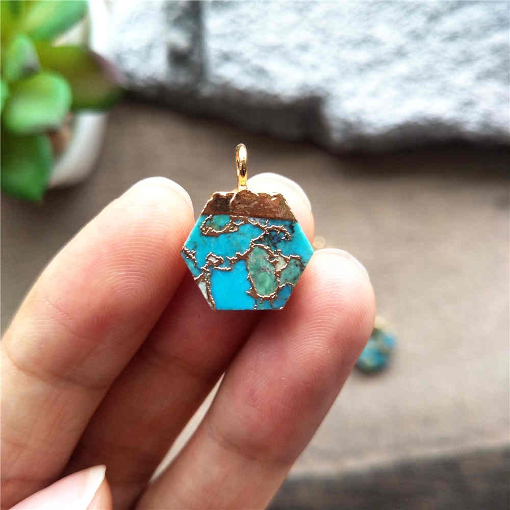 Hexagon Gold Turquoise Charm Necklace ED001