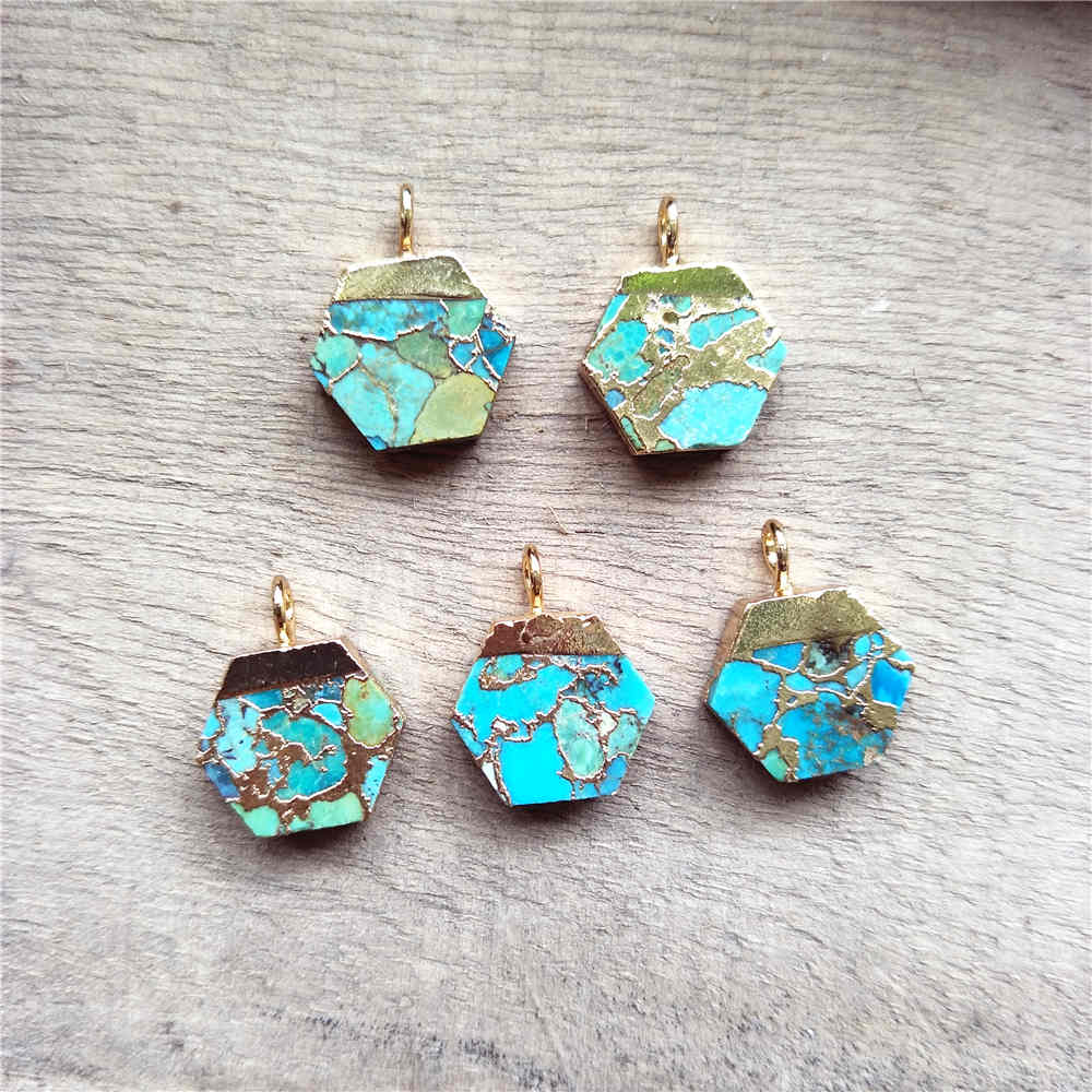 Hexagon Gold Turquoise Charm Necklace ED001
