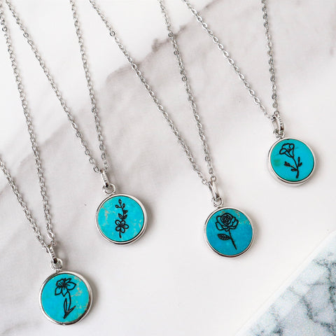Silver Round Natural Turquoise Carved Birth Month Flower Pendant Necklace, Gemstone Coin Jewelry KZ013