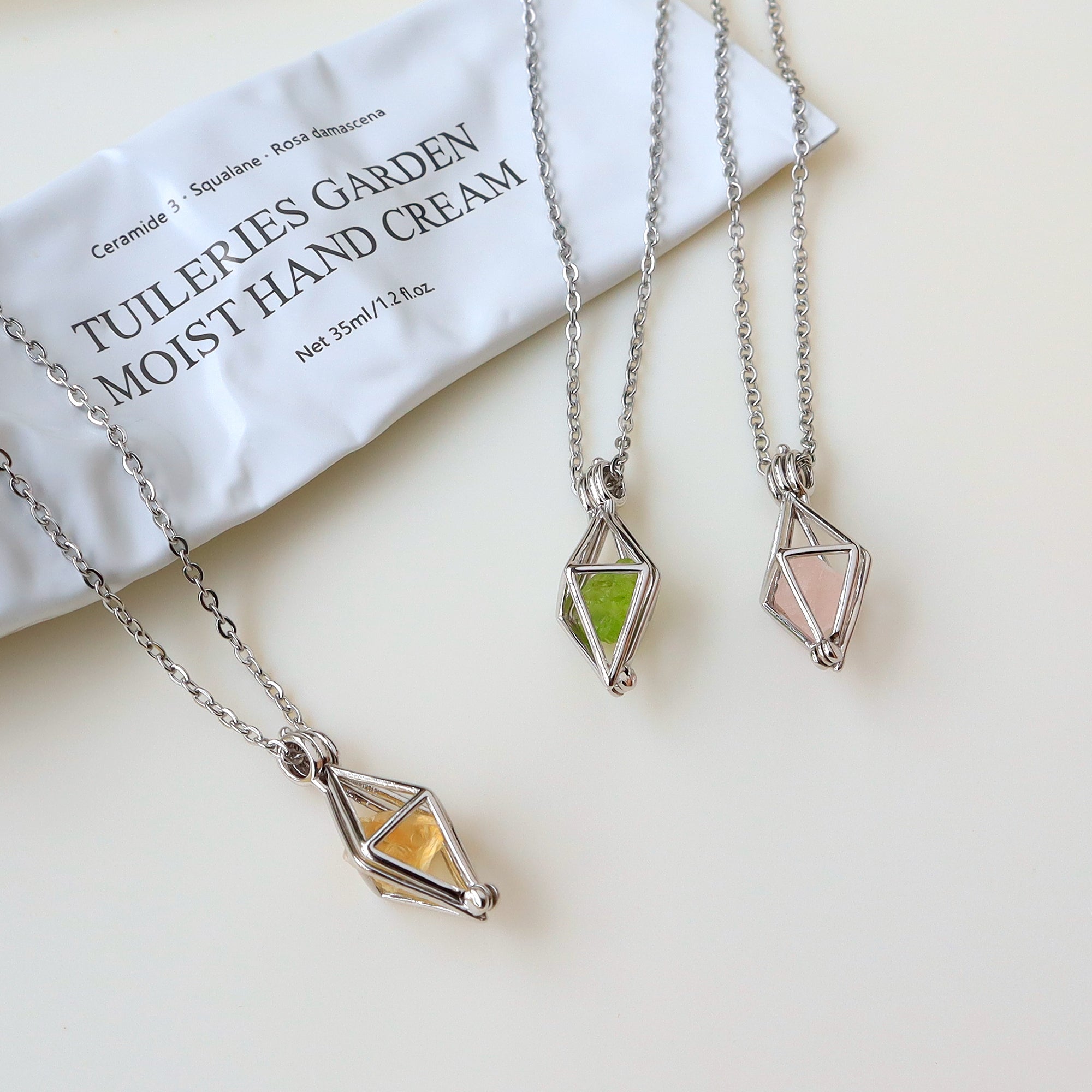 16" Silver Plated Hollow Diamond Raw Gemstone Pendant Necklace, Healing Crystal Stone Necklace, Birthstone Necklace, Fashion Jewelry Gift For Women BT007