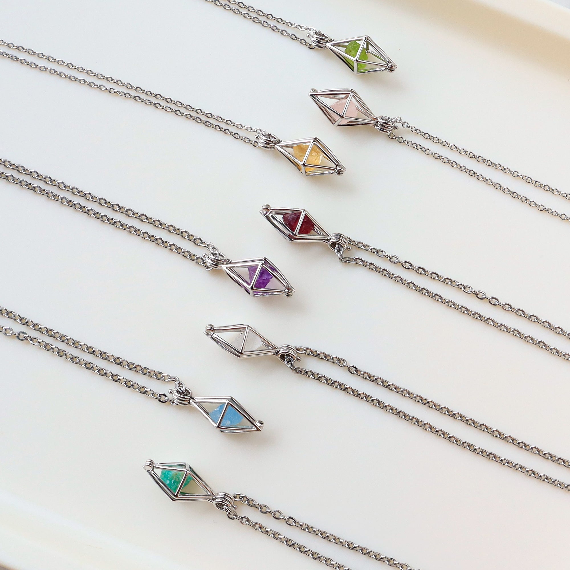 16" Silver Plated Hollow Diamond Raw Gemstone Pendant Necklace, Healing Crystal Stone Necklace, Birthstone Necklace, Fashion Jewelry Gift For Women BT007