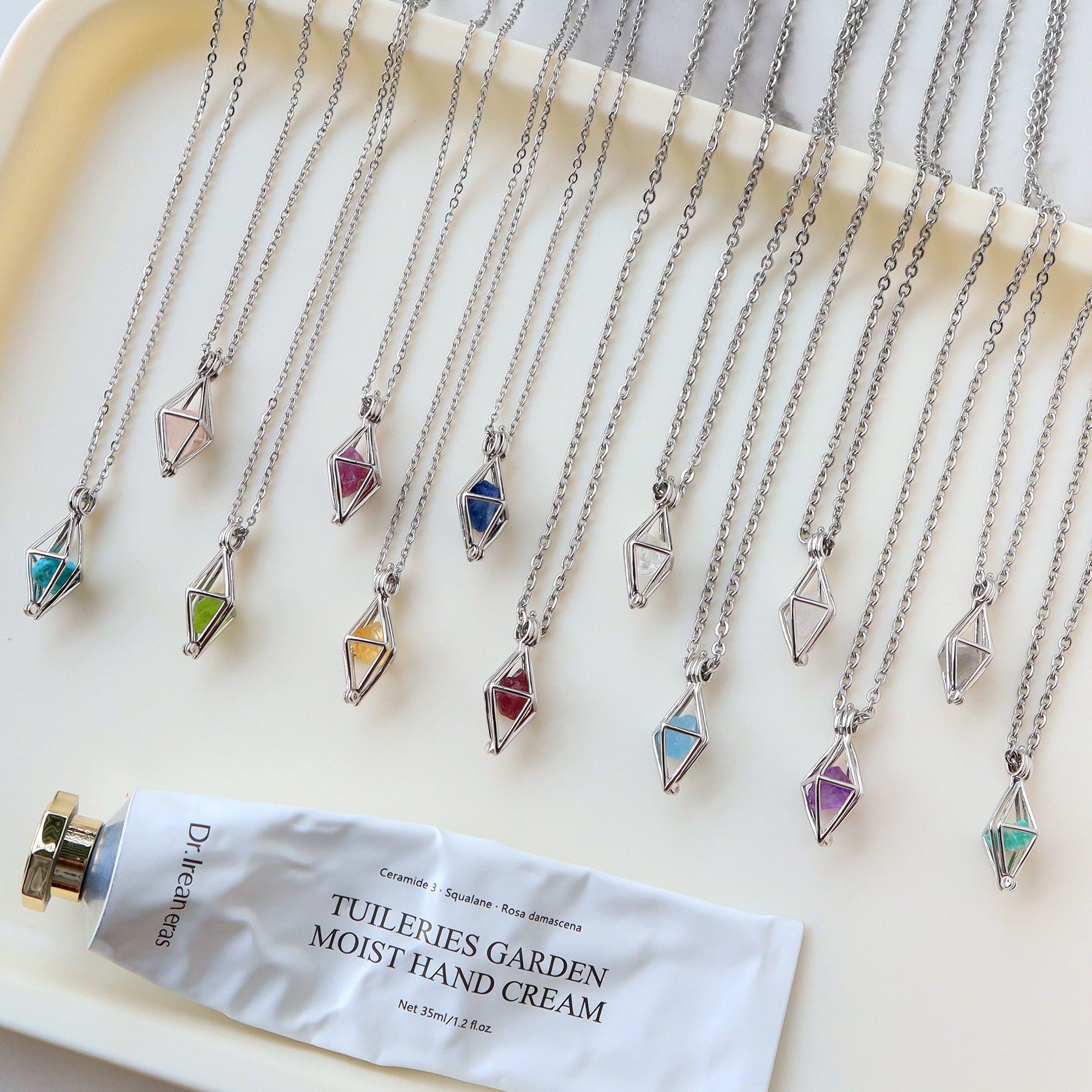 16" Silver Plated Hollow Diamond Raw Gemstone Pendant Necklace, Healing Crystal Stone Necklace, Birthstone Necklace, Fashion Jewelry Gift For Women BT007