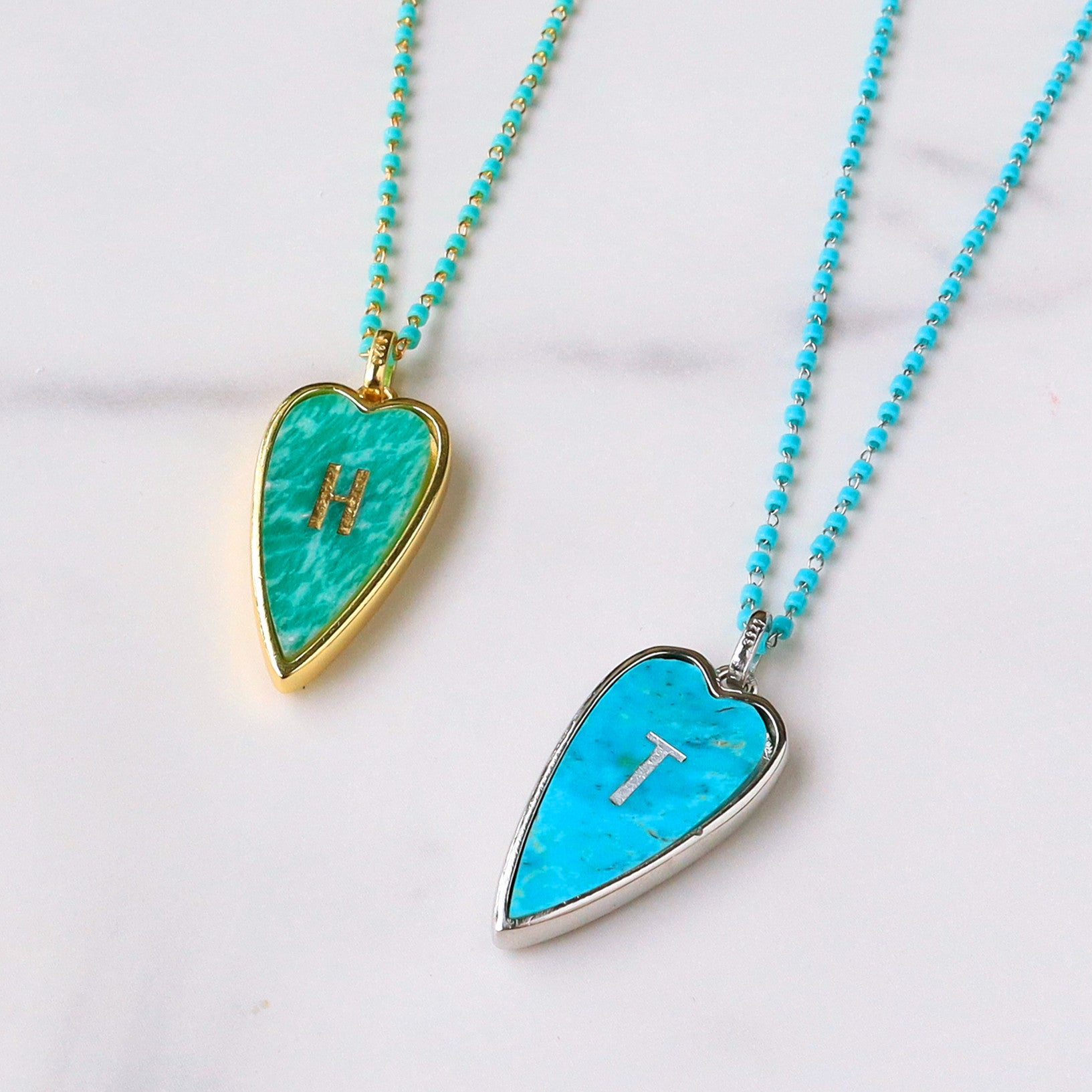 Gold/Silver Plated Natural Gemstone Heart Necklace, Carved Letter, Rosary Chain, Natural Amazonite Genuine Turquoise Heart Necklace, Love Jewelry KZ030
