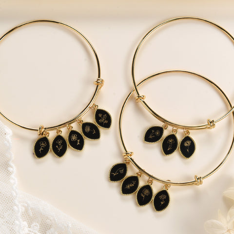 Gold Marquise Black Obsidian Carved Birth Month Flower Bracelet, Adjustable, Personalization Jewelry KZ024