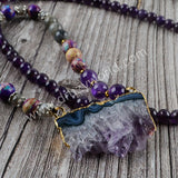 Gold Mala Beads Amethyst Druzy Slice Necklace, 6mm Gemstone Beads, Healing Crystal Necklaces Jewelry HD0181