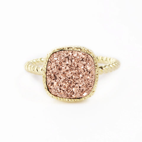 Gold Plated Bezel Square Natural Agate Titanium Druzy Ring, 10mm Gemstone Ring Jewelry ZG058
