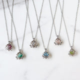 16" Silver Plated Hollow Lotus Natural Raw Crystal Necklace, Birthstone Necklace, Gemstone Necklace Jewelry BT005