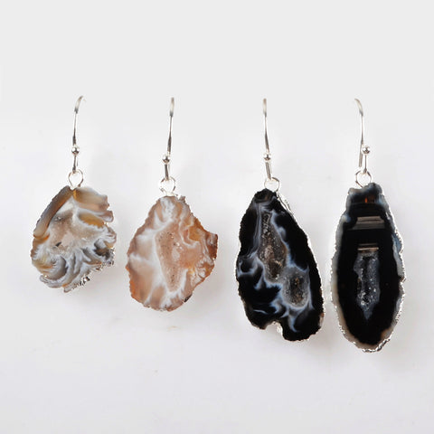 Silver Plated Raw Agate Druzy Geode Slice Dangle Earrings, Gemstone Jewelry S0516