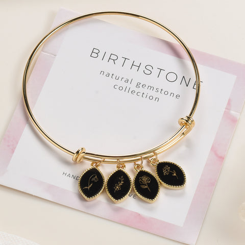 Gold Marquise Black Obsidian Carved Birth Month Flower Bracelet, Adjustable, Personalization Jewelry KZ024