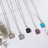 Personalized 16" Square Silver Plated Bezel Rainbow Gemstone Letter Necklace, You Choose Stone and Letter KZ013-N
