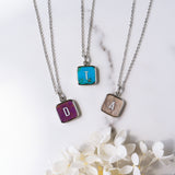 Personalized 16" Square Silver Plated Bezel Rainbow Gemstone Letter Necklace, You Choose Stone and Letter KZ013-N